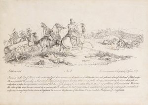 Hrabia Uxbridge dowodzący szarżą kawalerii w bitwie pod Waterloo, jego prawa noga została właśnie trafiona kulą armatnią, litografia R. Ackermanna, 1815